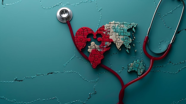 Un estetoscopio y un rompecabezas en forma de corazón con piezas de un mapa del mundo representan la salud mundial en una turquesa