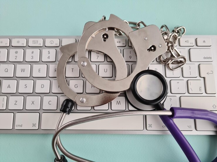 Foto estetoscopio y teclado y esposas y concepto de derecho médico