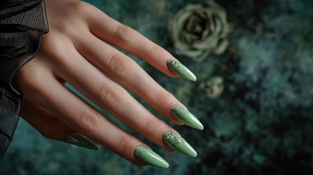 Foto uñas de estilete verdes con detalles brillantes