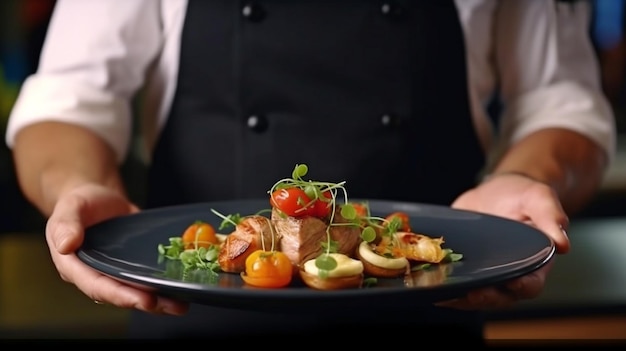 Foto un estilista de comida contemporáneo presenta un plato en un restaurante primer plano de comida con estilo ia generativa y servicio de restaurante