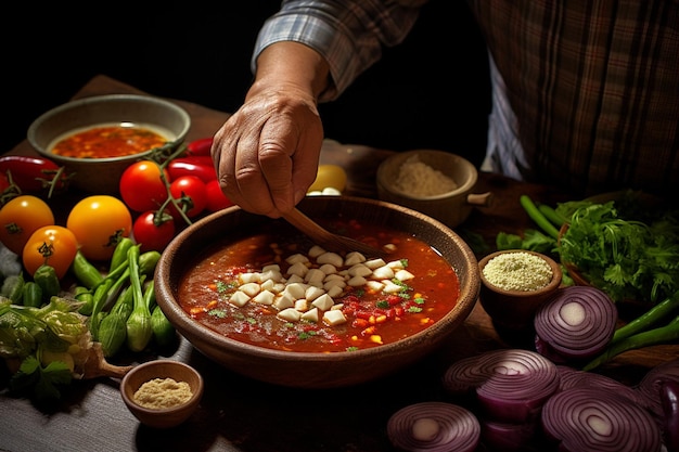 Foto estilista de comida arranjando pozole para uma sessão de fotos