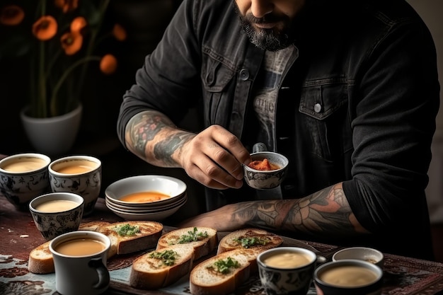 Estilista de comida moderno decorando refeição para apresentação Closeup de prato elegante Garçom servindo comida