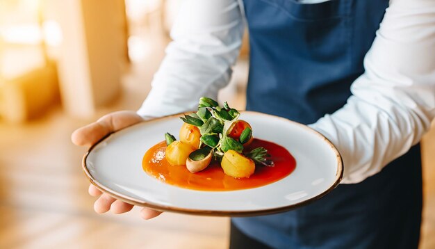 Estilista de comida moderno decorando refeição para apresentação em restaurante Closeup de comida elegante