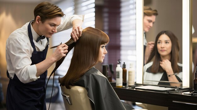 El estilista está enderezando el cabello marrón de la mujer