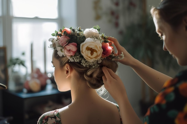 El estilista le hace a la novia un peinado de novia con flores frescas ai generativo