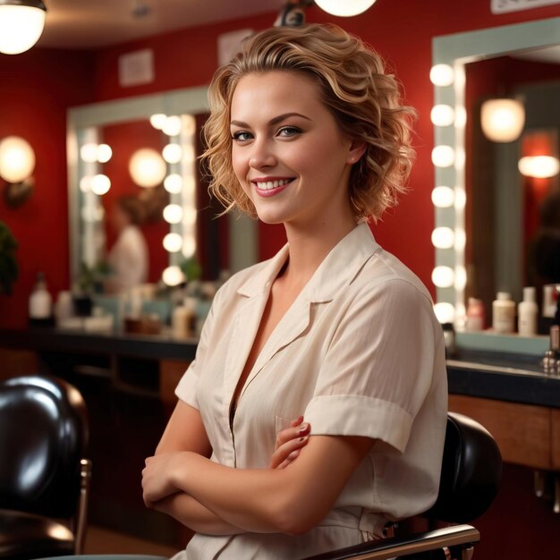 Estilista profesional de cabello mujer peluquera en salón de belleza de cabello