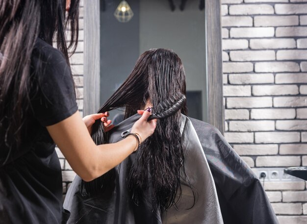 Estilista profesional femenino peinando el cabello mojado de la joven morena mientras ella está sentada en un sillón en el salón de belleza