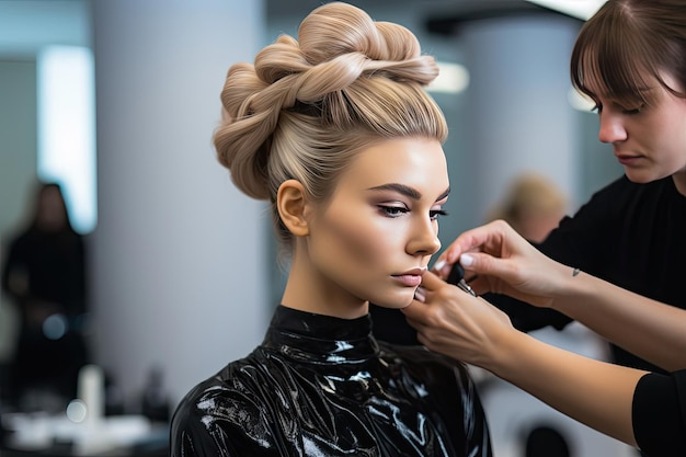 Estilista profesional que crea peinados elegantes en salones de belleza para clientes