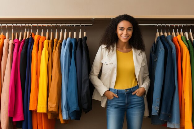 Estilista de ropa confiado sonriendo a la cámara con un comportamiento profesional y elegante