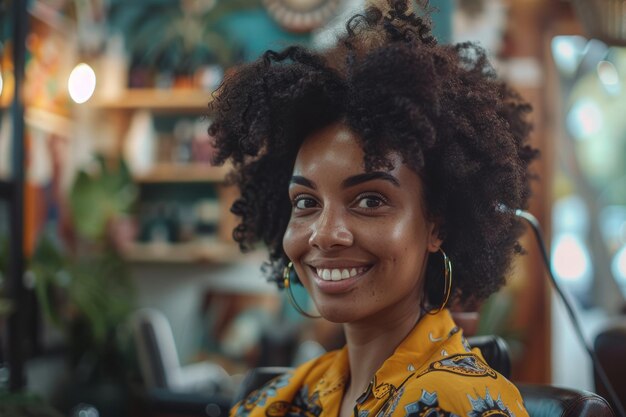 Un estilista sonriente rocia un afro magnífico de una mujer satisfecha en un salón brillante