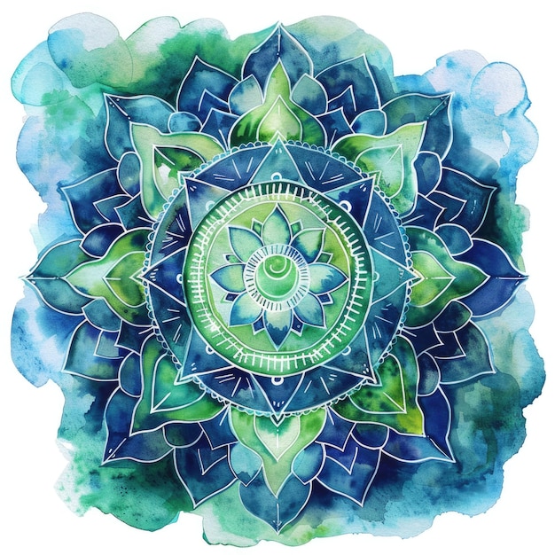 Estilizado Anahata Chakra acuarela Mandala Ilustración para el Yoga Conciencia Holística y Mística