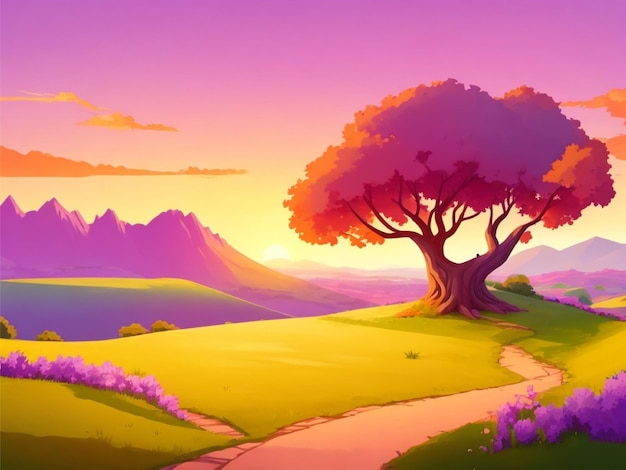 Estilo 2d cartoon hil only hill no fundo branco cenário colorido paisagem vista do pôr do sol