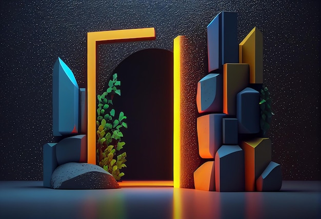 Estilo 3d abstrato azul rosa e fundo neon de espectro com arco brilhante e ruínas de pedra vitrine de palco para apresentação do produto IA generativa