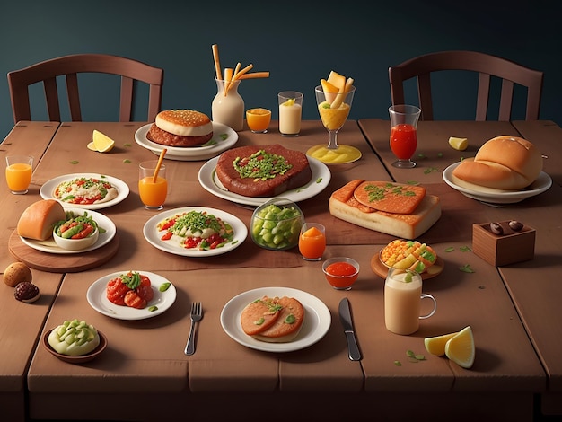 Foto estilo 3d algunas comidas están dispuestas en el borde de la mesa