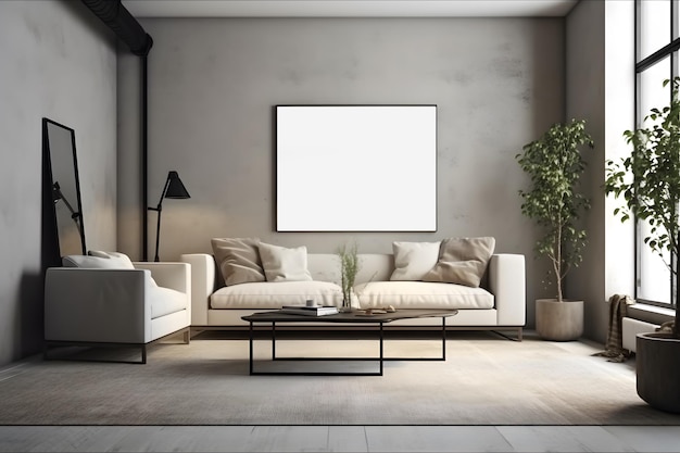Estilo 3D da sala de estar moderna com sofá branco e parede decorativa de mesa de centro com carpete de painéis em relevo no piso de concreto Maquete de quadro Generative Ai