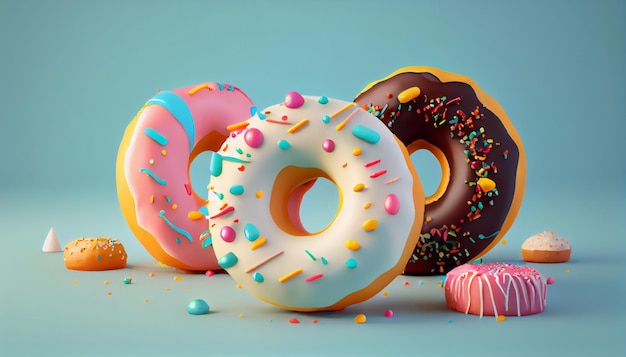 Estilo 3D Donuts Composição de Donuts cores e formas vibrantes Cena de fundo isolada abstrata