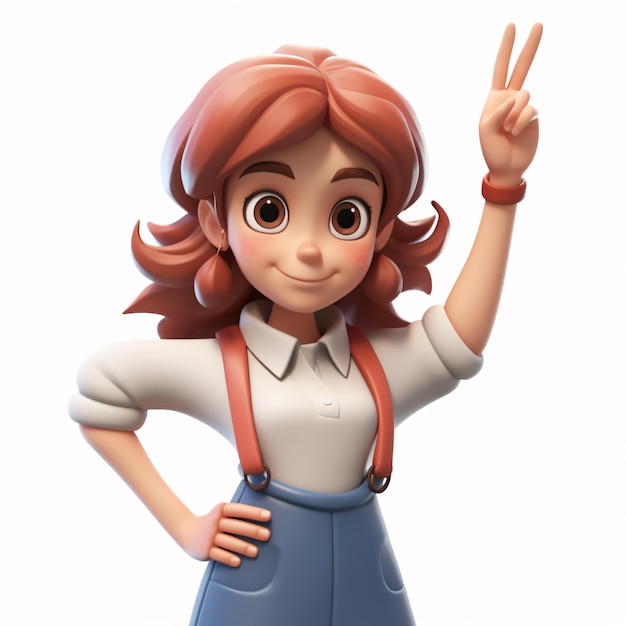 Estilo 3D de una encantadora chica de dibujos animados que muestra jovialmente un signo de paz con dos dedos que personifica la victoria y los logros.