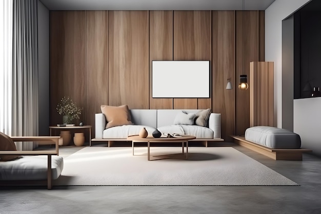 Estilo 3d de sala de estar moderna con sofá blanco y mesa de café, pared decorativa con paneles en relieve, moqueta en suelo de hormigón, maqueta de marco Ai generativo
