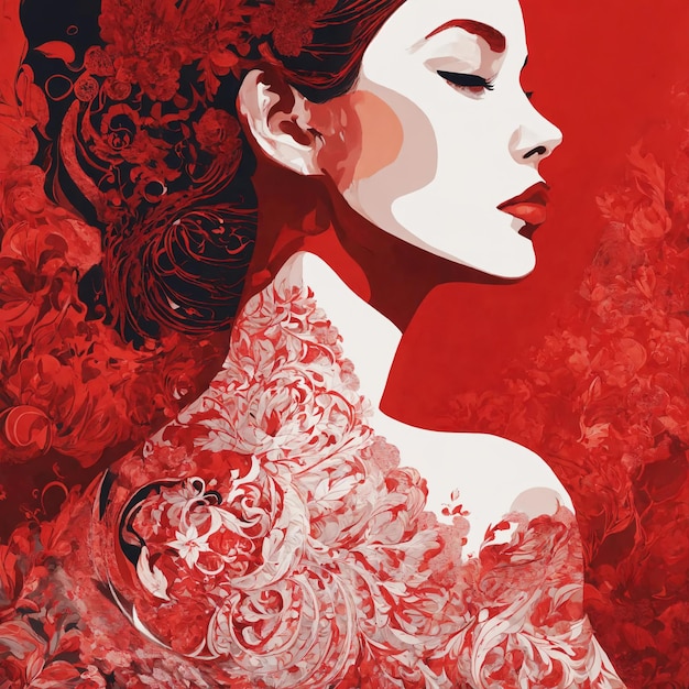 Estilo abstrato retrato de arte de moda de uma bela mulher em um vestido vermelho ai generativo
