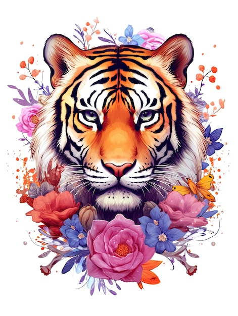 Estilo acuarela color pastel hermoso tigre con flores de primavera verano arte tatuaje aislado sobre fondo blanco AI generativa