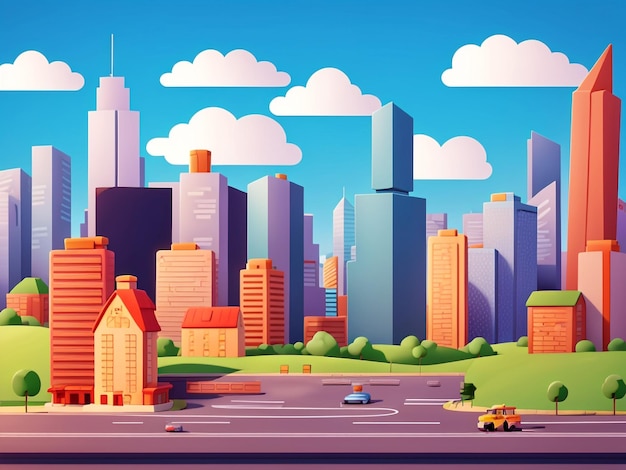 Foto estilo de animación 3d escena vectorial libre de la ciudad con automóvil de paisaje y fondo de edificio