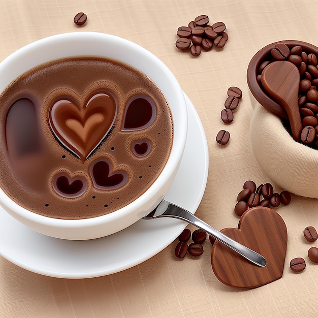 Estilo de animación 3D Una taza de café con un fondo de diseño en forma de corazón