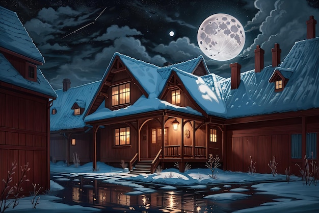 estilo anime una casa en una noche oscura con la luna de fondo