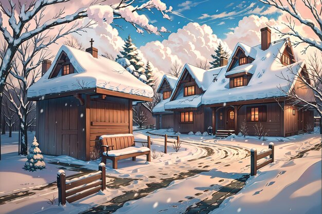 estilo anime Una escena nevada con un banco y árboles en primer plano