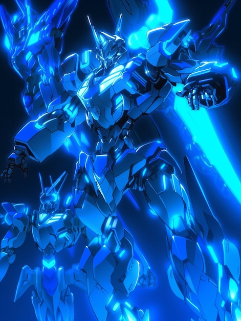 Estilo de anime robot azul y negro con una espada brillante generativo ai