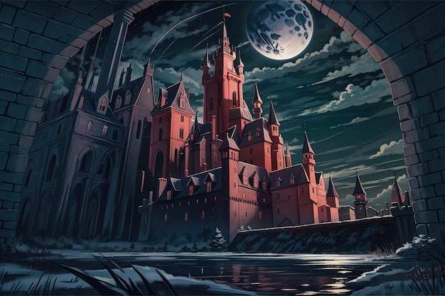 estilo anime um castelo escuro na noite