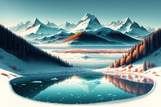 estilo anime um lago congelado com montanhas ao fundo