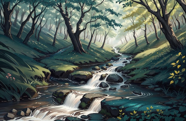estilo anime uma pintura de um riacho na floresta com o nome do rio