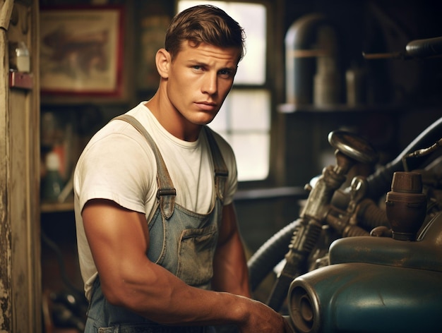 Estilo de los años 60 muy masculino y guapo pin up hombre trabajando como mecánico de automóviles