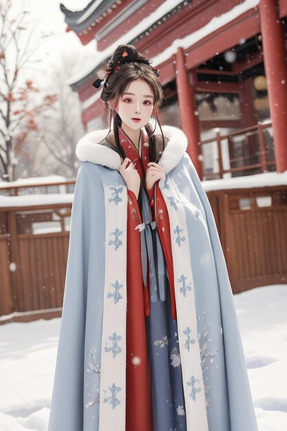 Estilo antigo chinês edifício pátio inverno neve linda garota vestindo casaco Hanfu papel de parede