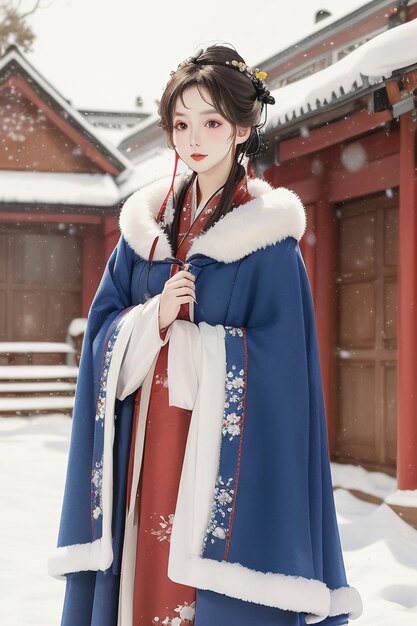 Estilo antigo chinês edifício pátio inverno neve linda garota vestindo casaco Hanfu papel de parede