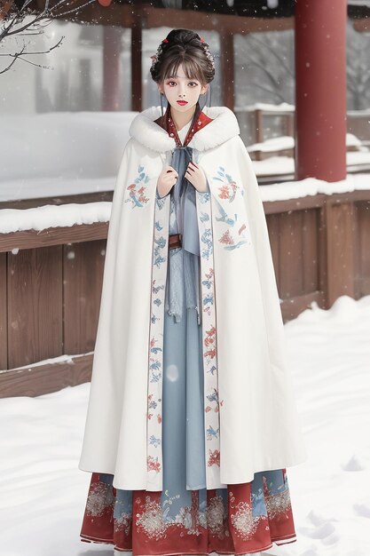 Estilo antigo chinês edifício pátio inverno neve linda garota vestindo casaco Hanfu papel de parede