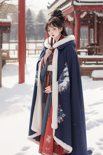 Estilo antigo chinês edifício pátio inverno neve linda garota vestindo casaco Hanfu papel de parede