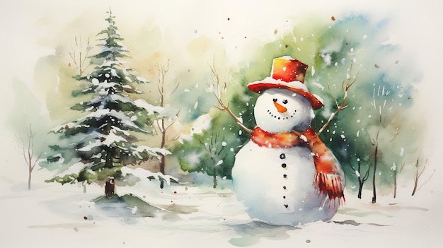 Estilo aquarela de boneco de neve e árvore de Natal