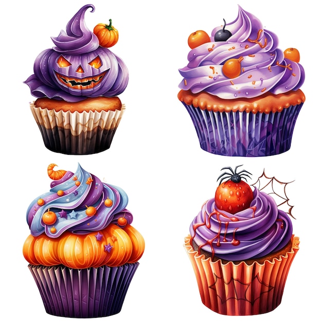 Estilo aquarela de cupcakes assustadores e fofos isolados