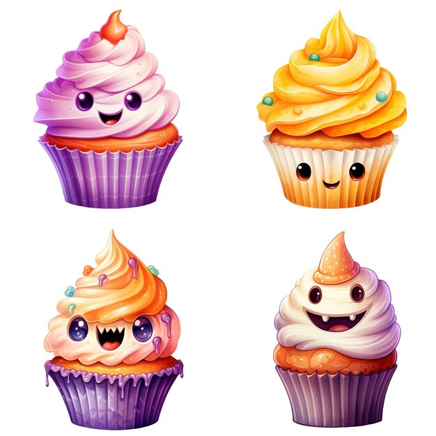 Estilo aquarela de cupcakes assustadores e fofos isolados