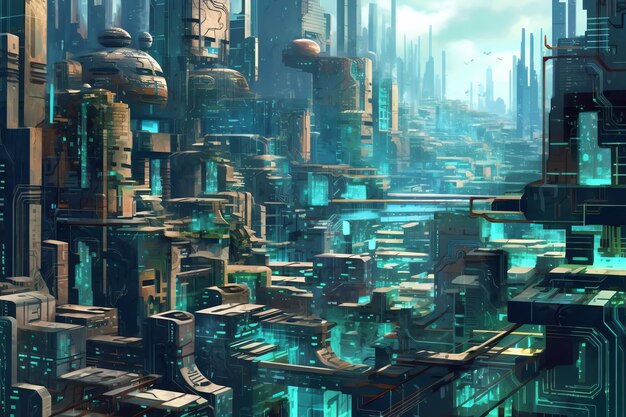 Un estilo de arte digital de paisaje urbano futurista.