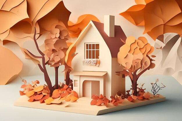 Foto estilo de arte de papel de la casa de otoño ai generado