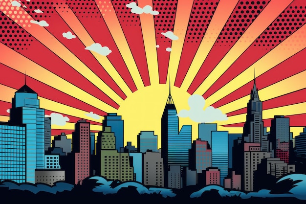 estilo de arte pop cómico retro amanecer en la ciudad