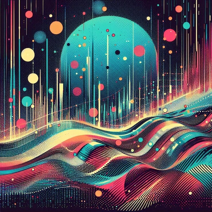 estilo de arte pop una pintura colorida de una luna azul con un fondo colorido