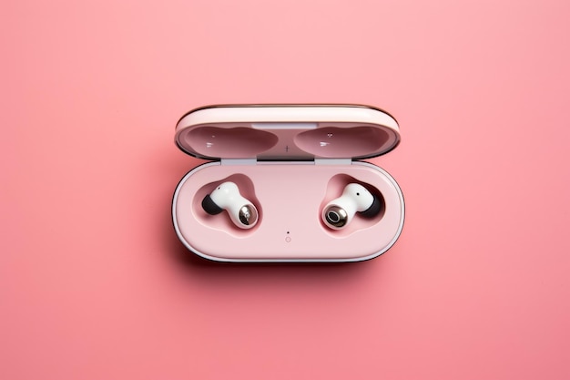 Estilo de auriculares inalámbricos InEar y una caja de fondo rosa Flat Lay AR 32