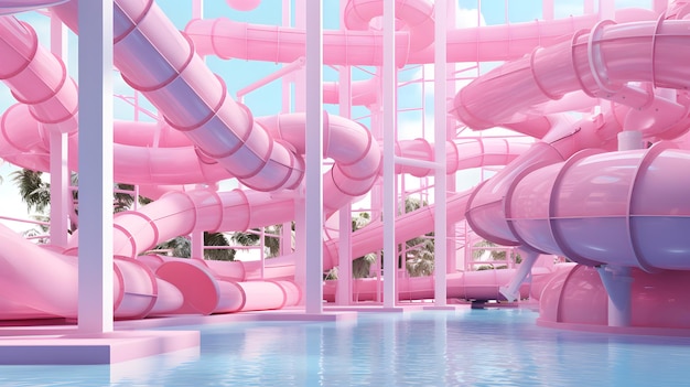 Estilo barbie rosa se o parque aquático ao ar livre deslizar perto da piscina nas férias de verão