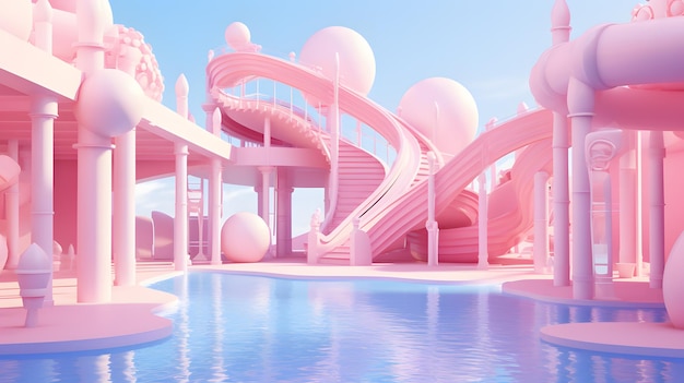 Estilo barbie rosa si el parque acuático al aire libre se desliza cerca de la piscina en las vacaciones de verano