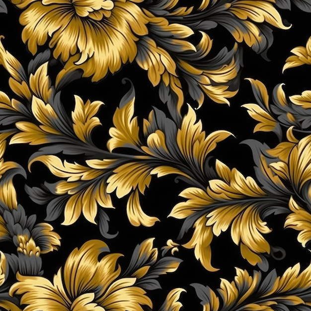 Estilo barroco floral, preto e dourado, sem costura, fundo de textura padrão