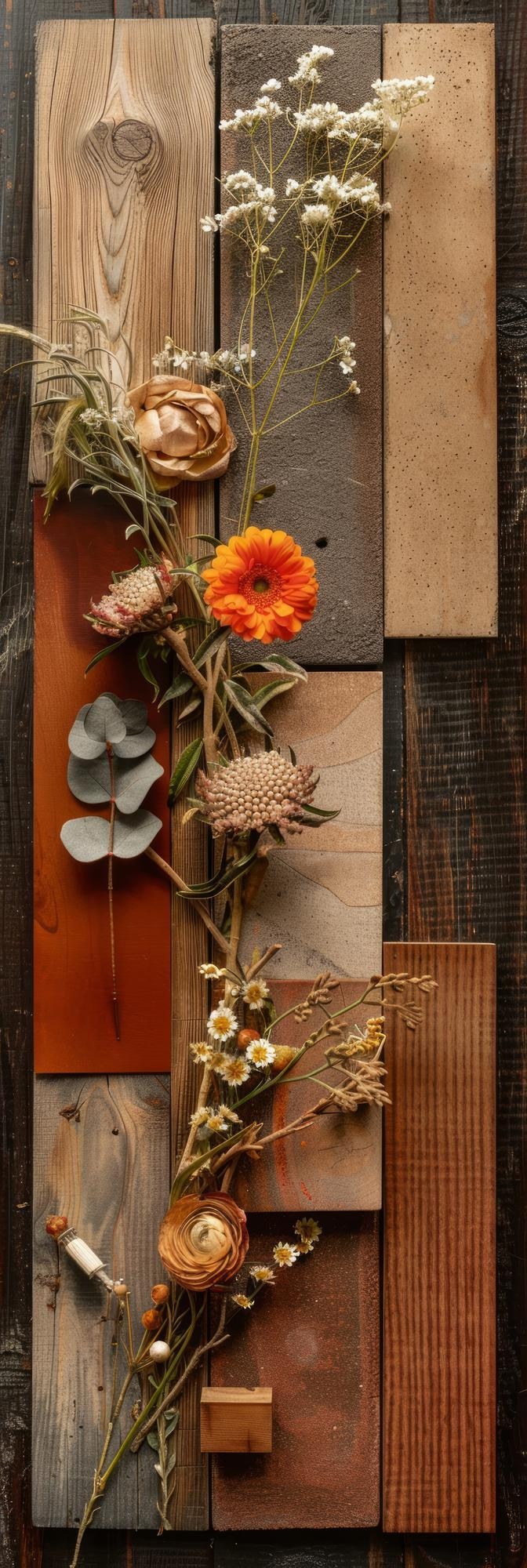 Foto estilo bohemia plana con madera textil y azulejos decorativos ia generativa
