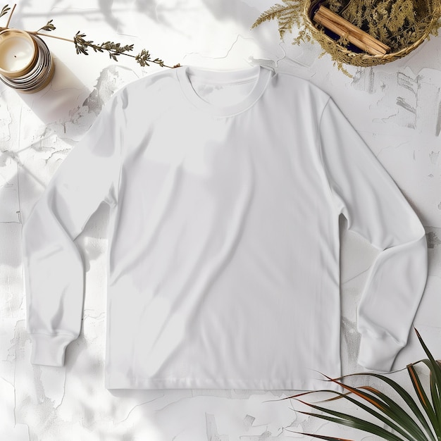 Estilo branco adulto de manga longa T-Shirt Mockup deitado plano com um toque profissional